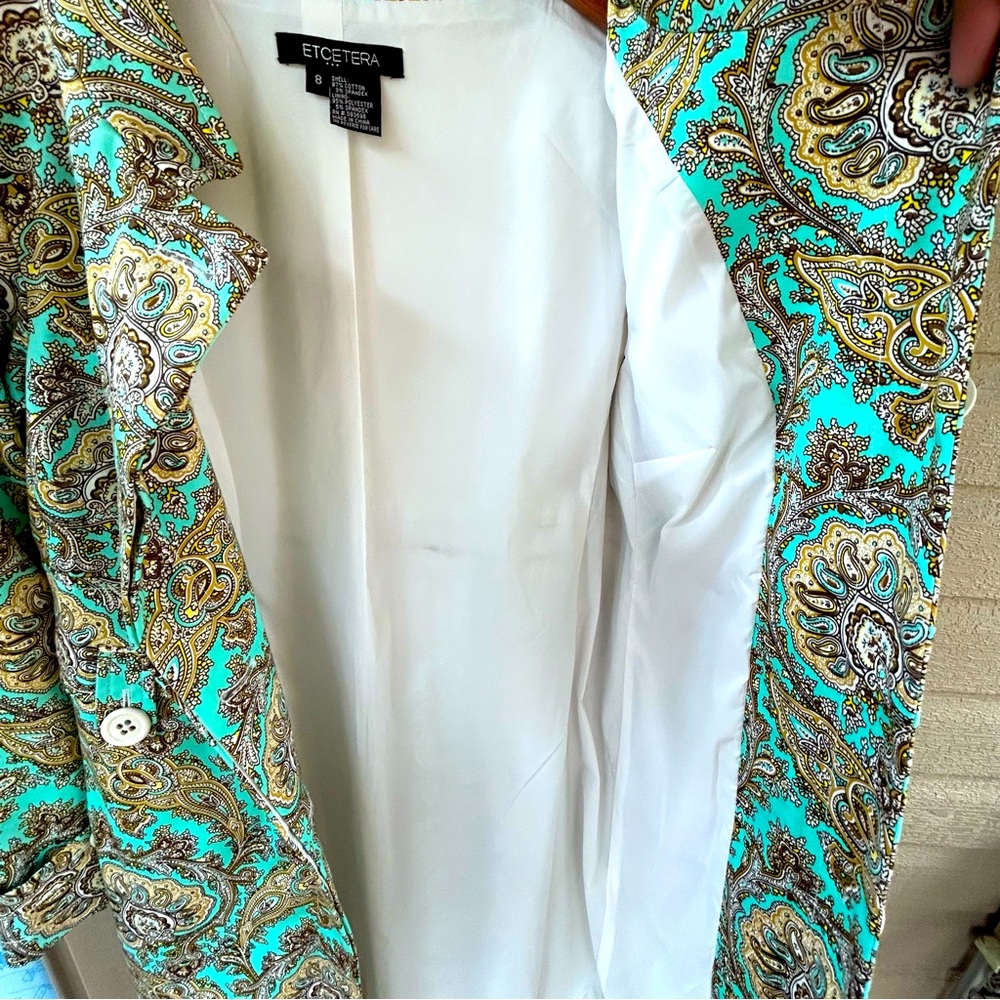 Etcetera Long Jacket Women’s Sz 8 Turquoise Brown Front Button EUC - Picture 10 of 10